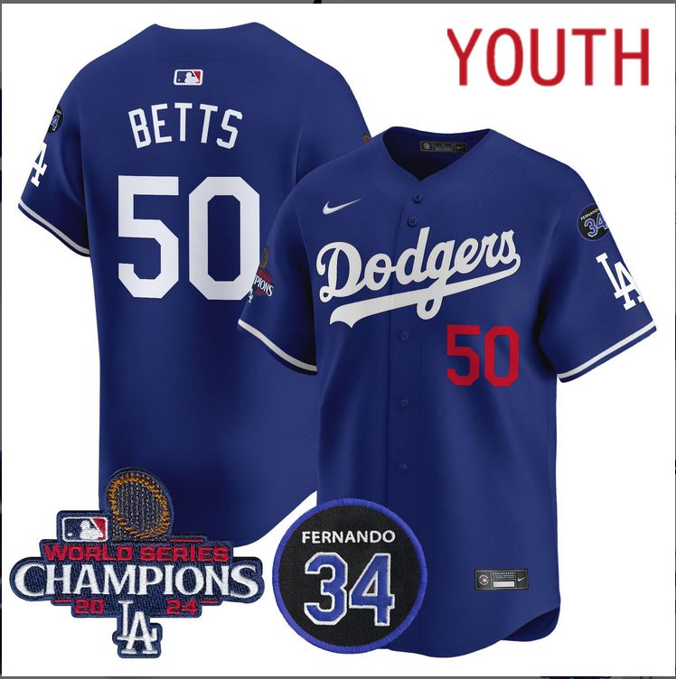 Youth MLB Los Angeles Dodgers 50 Betts blue2024 World Series Champions Patch Limited Jersey